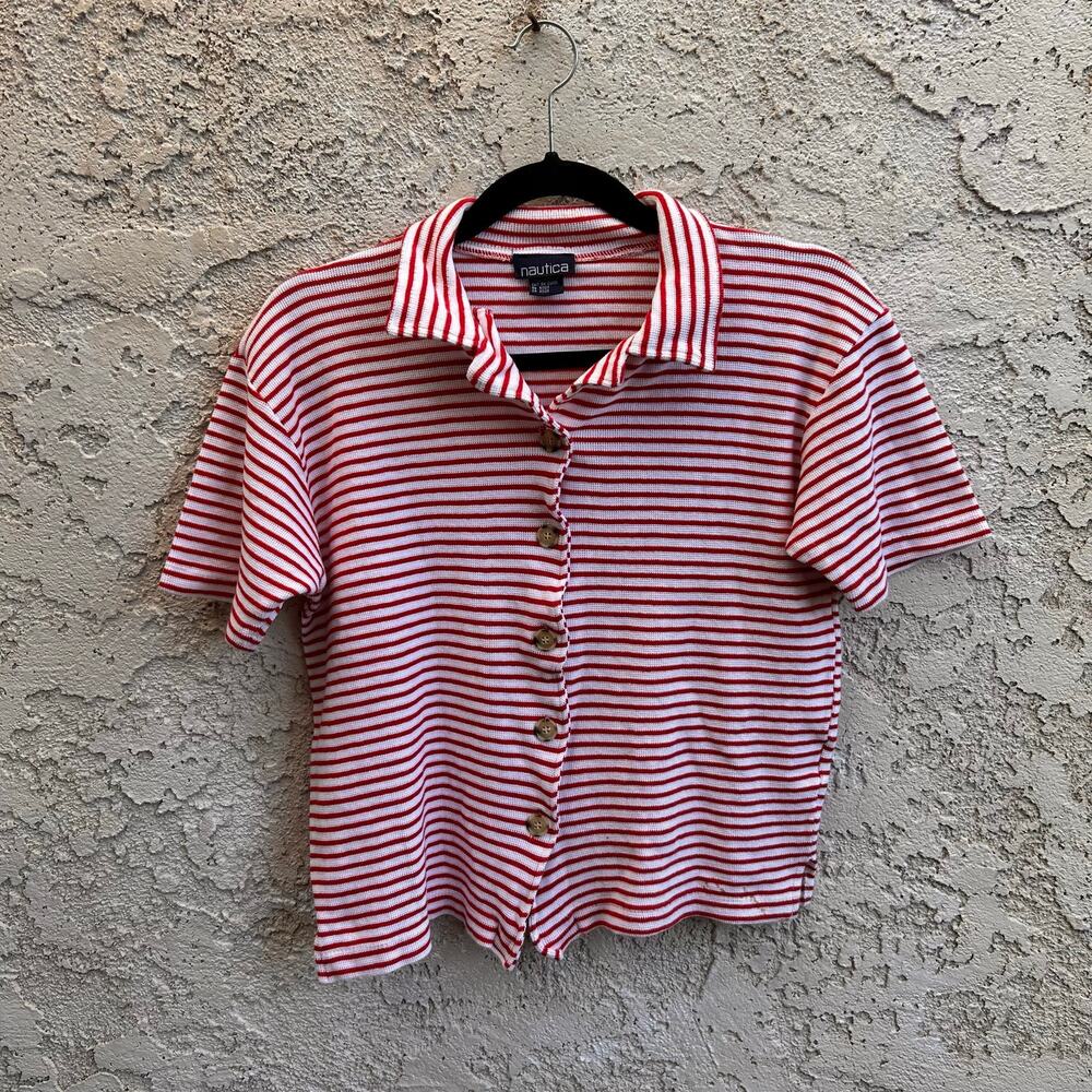 Vintage Nautica Red White Striped Nautical Button Front Polo Shirt Womens M
